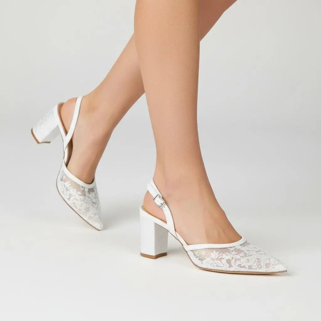 White Lace Block Heel wedding shoes hero front view | ForeverSolesBride