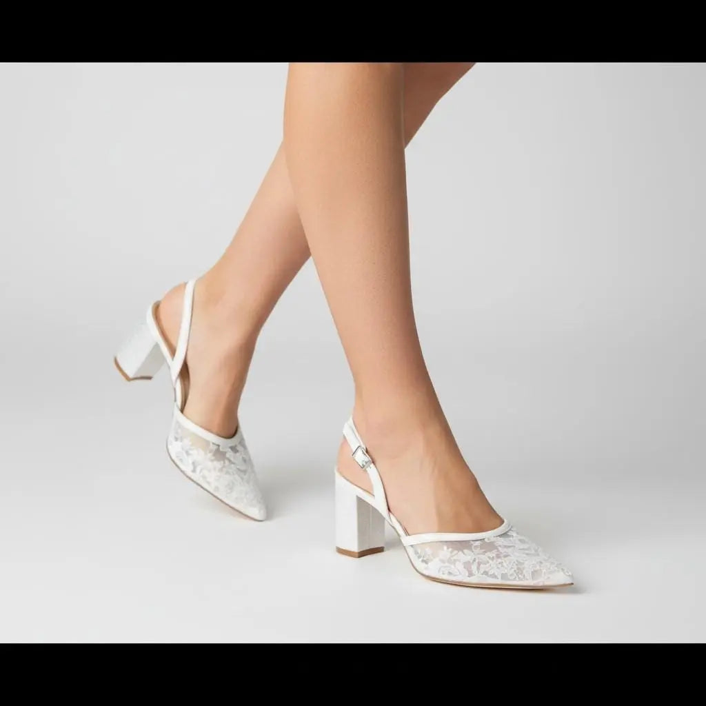 White Lace Block Heel wedding shoes product view 2 | ForeverSolesBride