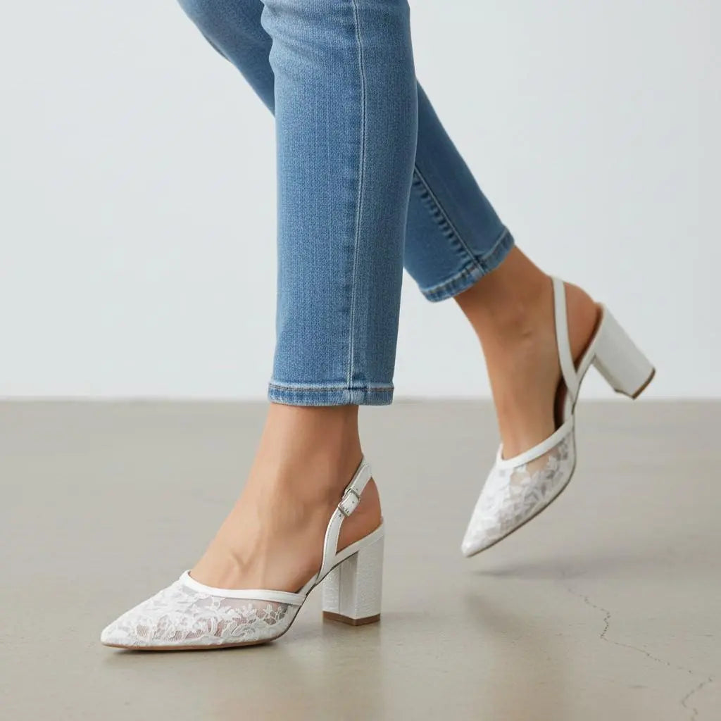White Lace Kitten Heel wedding shoes product view 5 | ForeverSolesBride