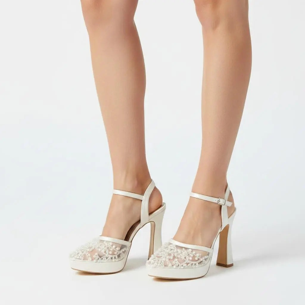 White Lace Platform wedding shoes product view 2 | ForeverSolesBride