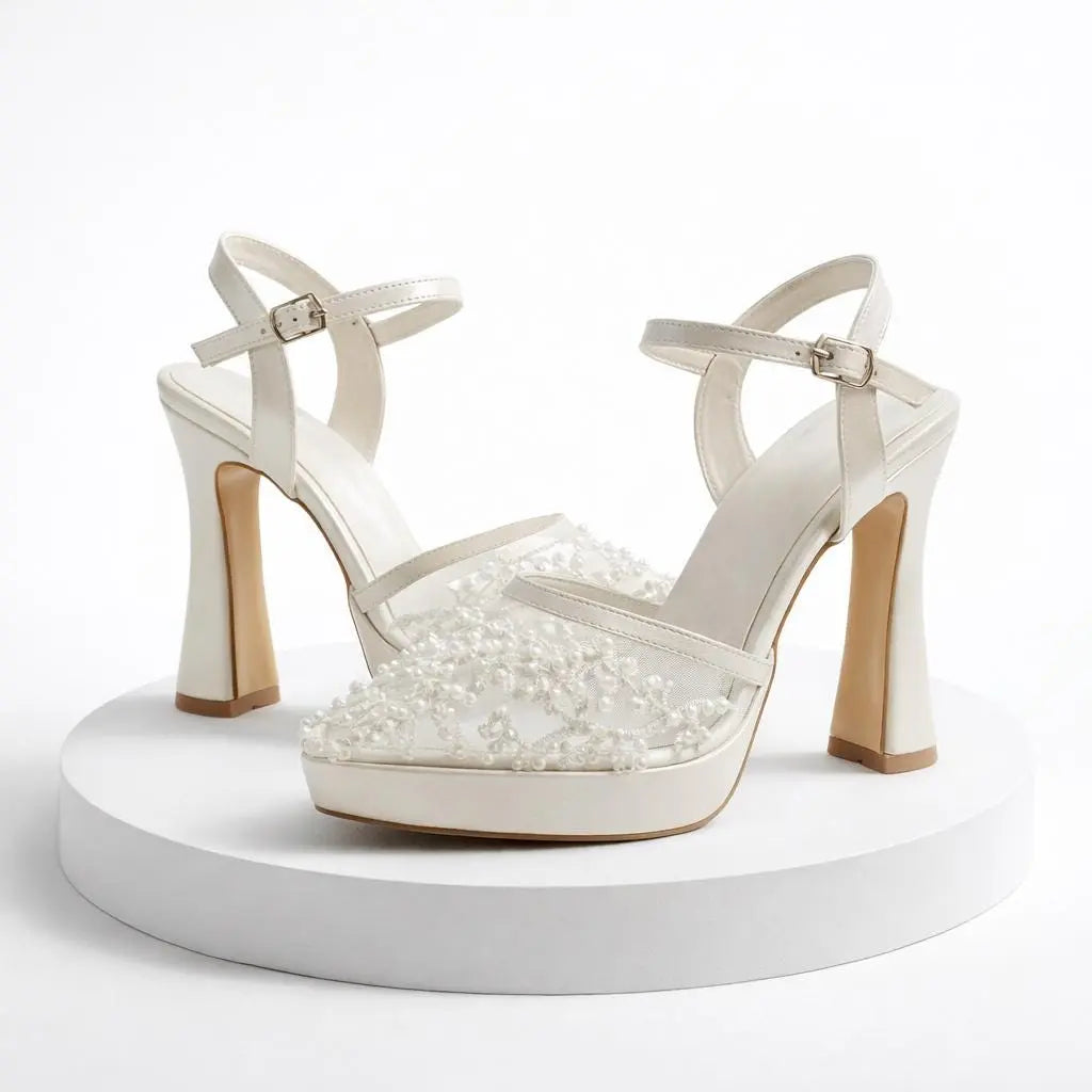 White Lace Platform wedding shoes product view 3 | ForeverSolesBride