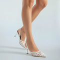 ForeverSoles White Lace Slingback Kitten Heels Women Elegant Bridal Shoes Low Heel Wedding Pumps Comfortable Dress Heels for