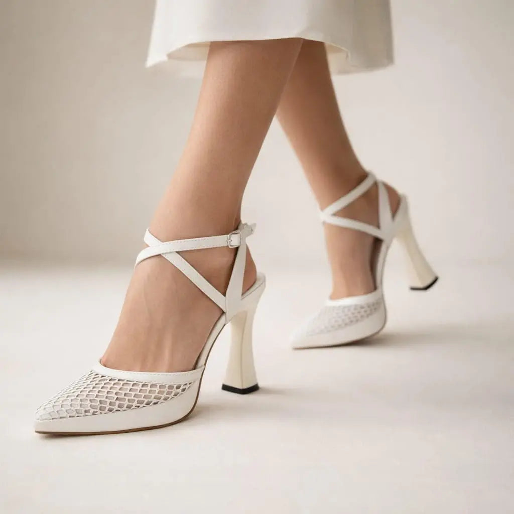 White Mesh Pumps wedding shoes hero front view | ForeverSolesBride