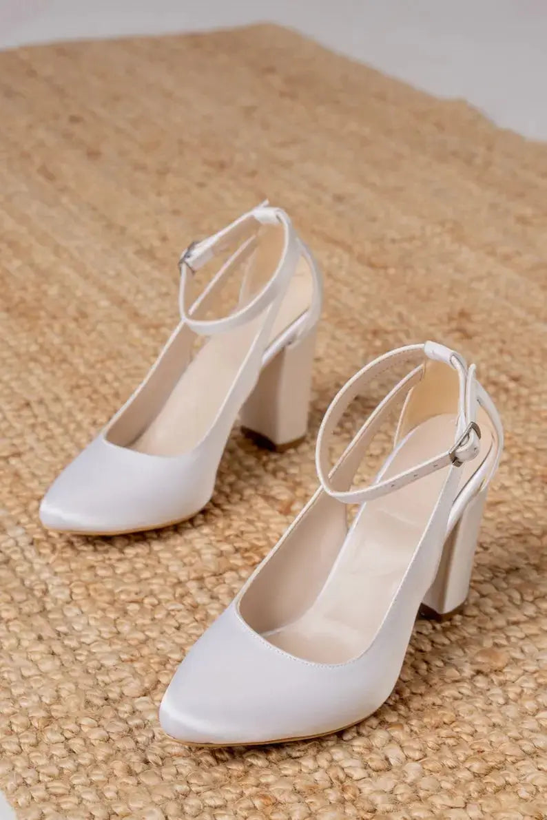 White Satin bridal wedding shoes product view 2 | ForeverSolesBride