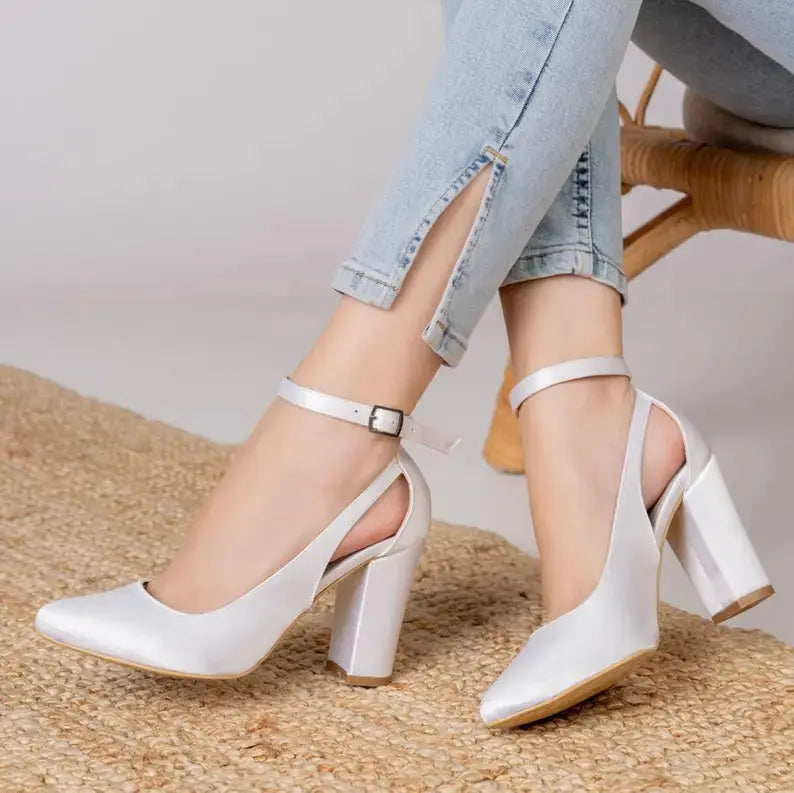 White Satin bridal wedding shoes product view 3 | ForeverSolesBride
